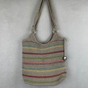 The Sak Belle Crochet Hobo Bag Striped Taupe Multicolor Y2K Hippie Shoulder Bag